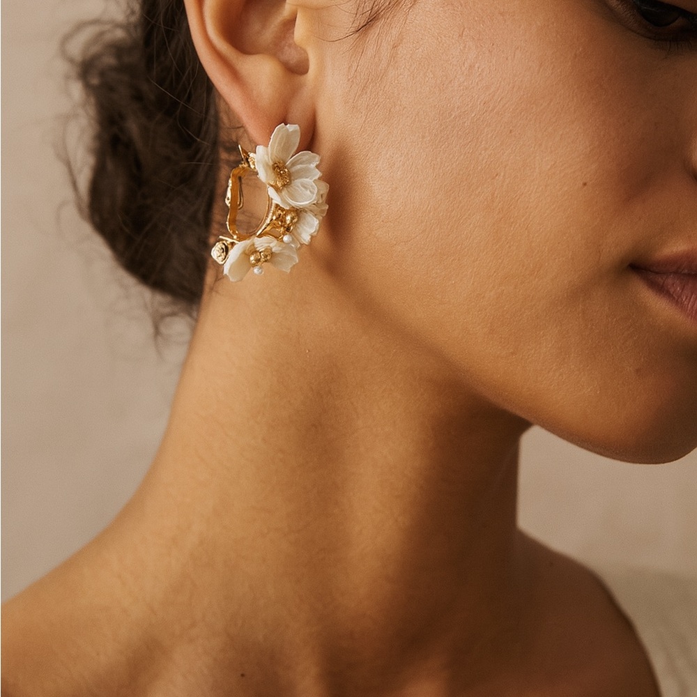 Elegant Gold and White Floral Hoop Earrings